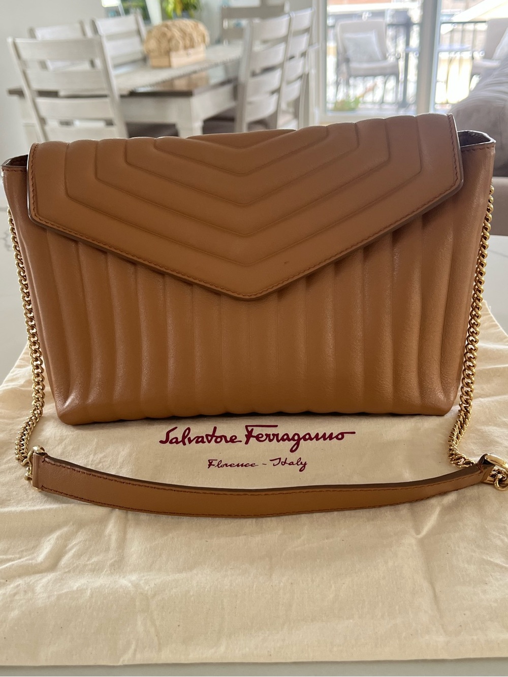 Salvatore Ferragamo Quilted Calfskin Flap Chain Shoulder Bag in Sienne Tan Camel